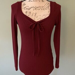 Women's Burgundy Ribbed Long Sleeve Top